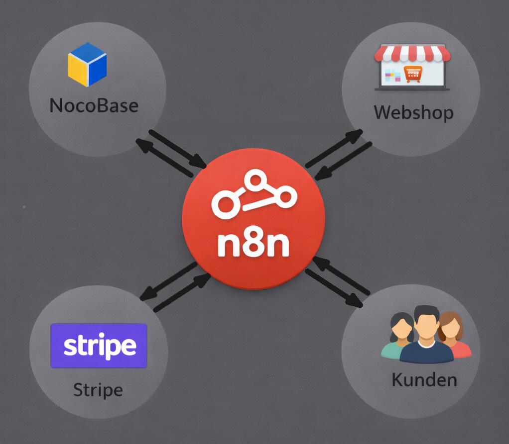 System architecture diagram showing NocoBase, n8n, and WordPress integration